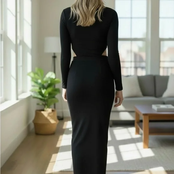 Boohoo Black Long-Sleeve Cutout Wrap Midi Dress - Picture 2 of 11